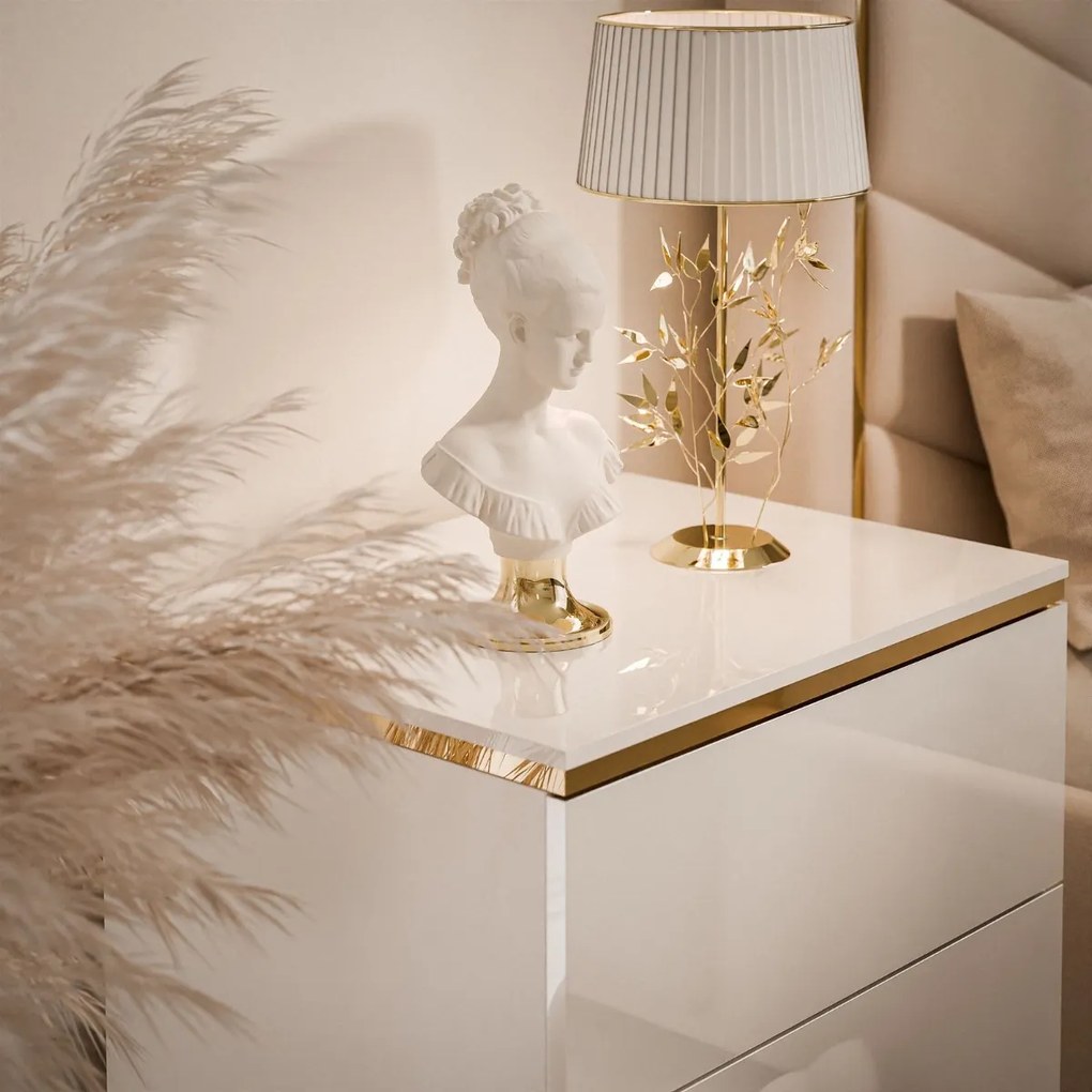 ZÁVESNÝ NOČNÝ STOLÍK NESSIE 2 BIELY LESK + ZLATÝ LED