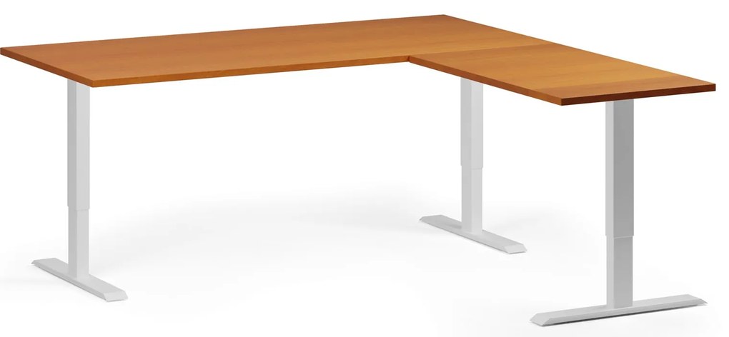 Výškovo nastaviteľný stôl, 180x180 cm, 3 motory, L/P, biela podnož, čerešňa