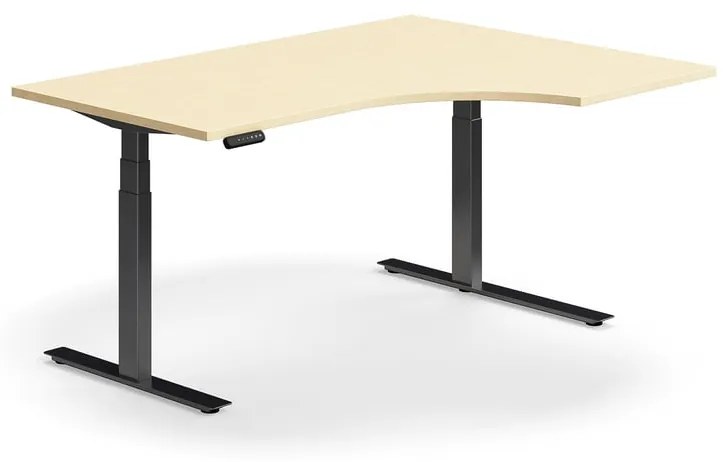 Výškovo nastaviteľný stôl QBUS, rohový, 1600x1200 mm, čierny rám, breza