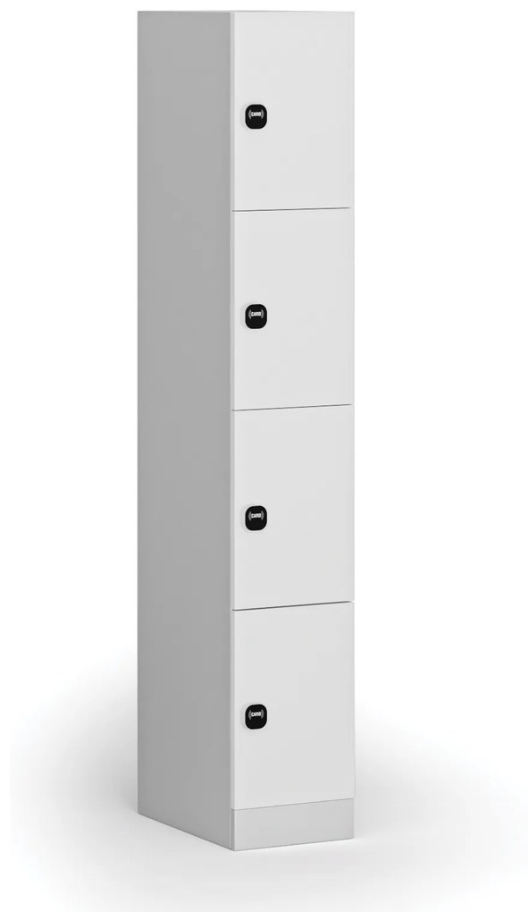 Šatníková skrinka s úložnými boxmi, 4 boxy, 1850 x 300 x 500 mm, zámok s čítačkou RFID kariet, laminované dvere, biela
