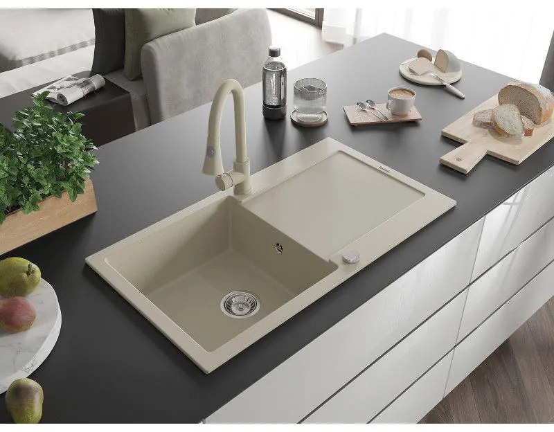Mexen Leo, 1-komorový granitový drez 900x500x190 mm a drezová batéria Elia, béžová, 6501-69-670101-69