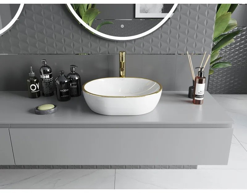 Mexen Viki, umývadlo na dosku 48x35x14 cm, biela-zlatý vzor, 21054805