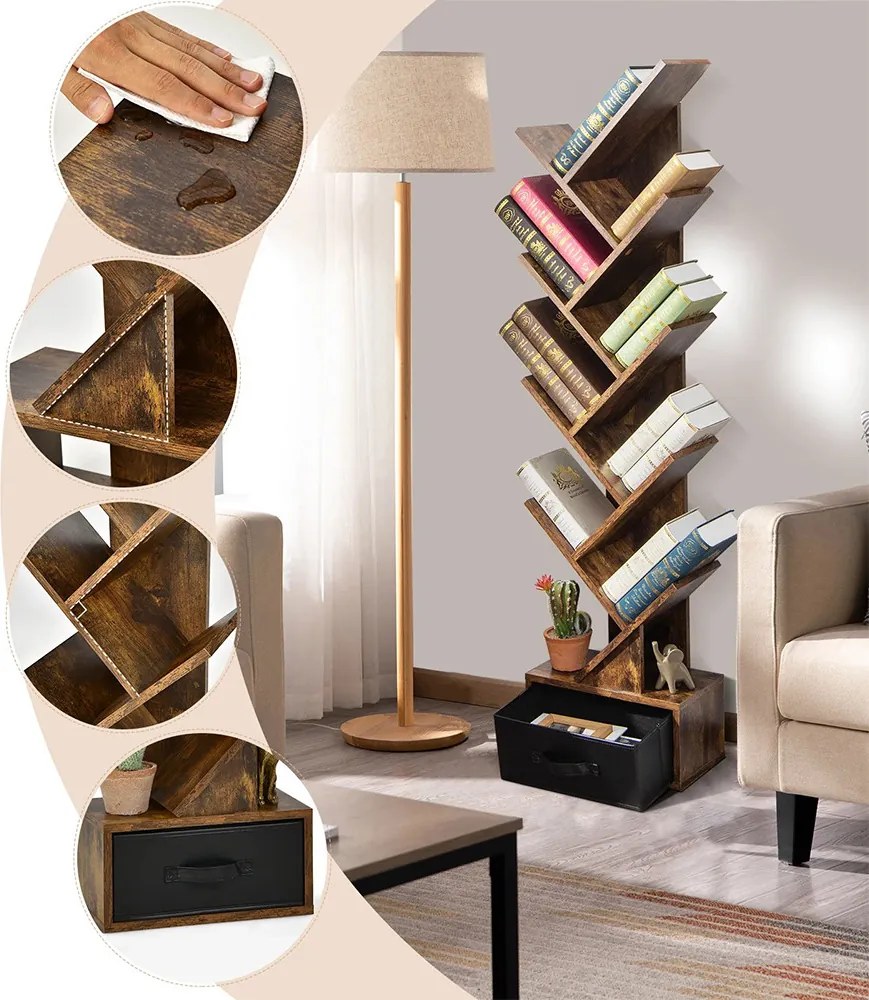 10-podlažná knižnica v hnedej farbe