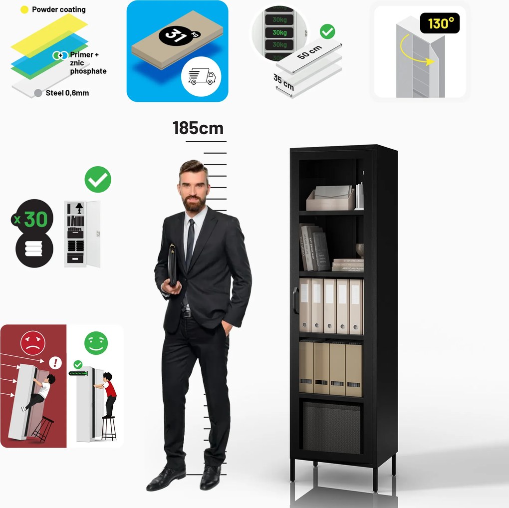 Čierna sklenená vitrína do obývačky z kovu na nožičkách LUIGI Modern 500 x 1800 x 350 mm