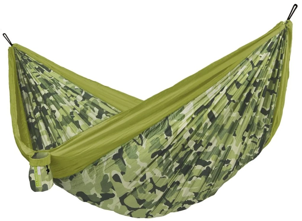 La Siesta COLIBRI 3.0 CAMO DOUBLE - cestovná hojdacia sieť s jednoduchým závesným systémom, 100% polyamid / laná: 100% polyester / hák: letecký hliník