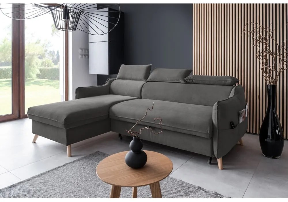 Tmavosivá zamatová rozkladacia rohová pohovka (ľavý roh) Sweet Harmony – Miuform