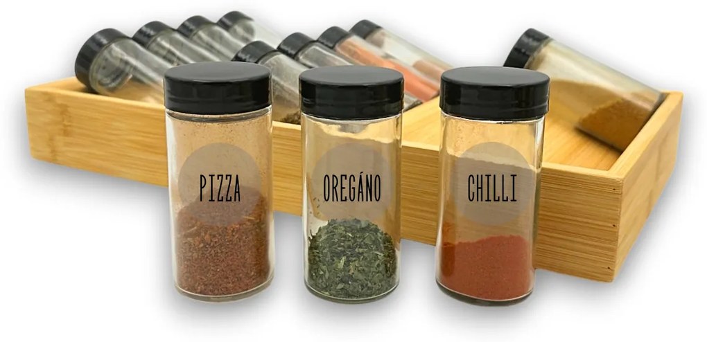 Zeller Present Sada 12ks koreničiek s čiernym viečkom + bambusový organizér na koreničky NERO