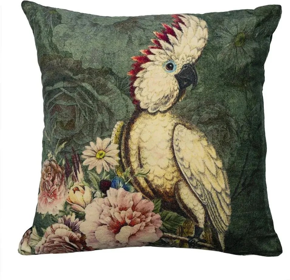 Zelený zamatový vankúš s dekorom kvetín a kakadu Cockatoo - 45*45*17cm