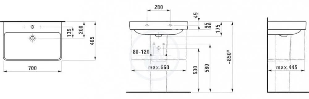 LAUFEN Pro S Umývadlo, 700 mm x 465 mm, 1 otvor na batériu, bez prepadu, s LCC, biela H8109674001561