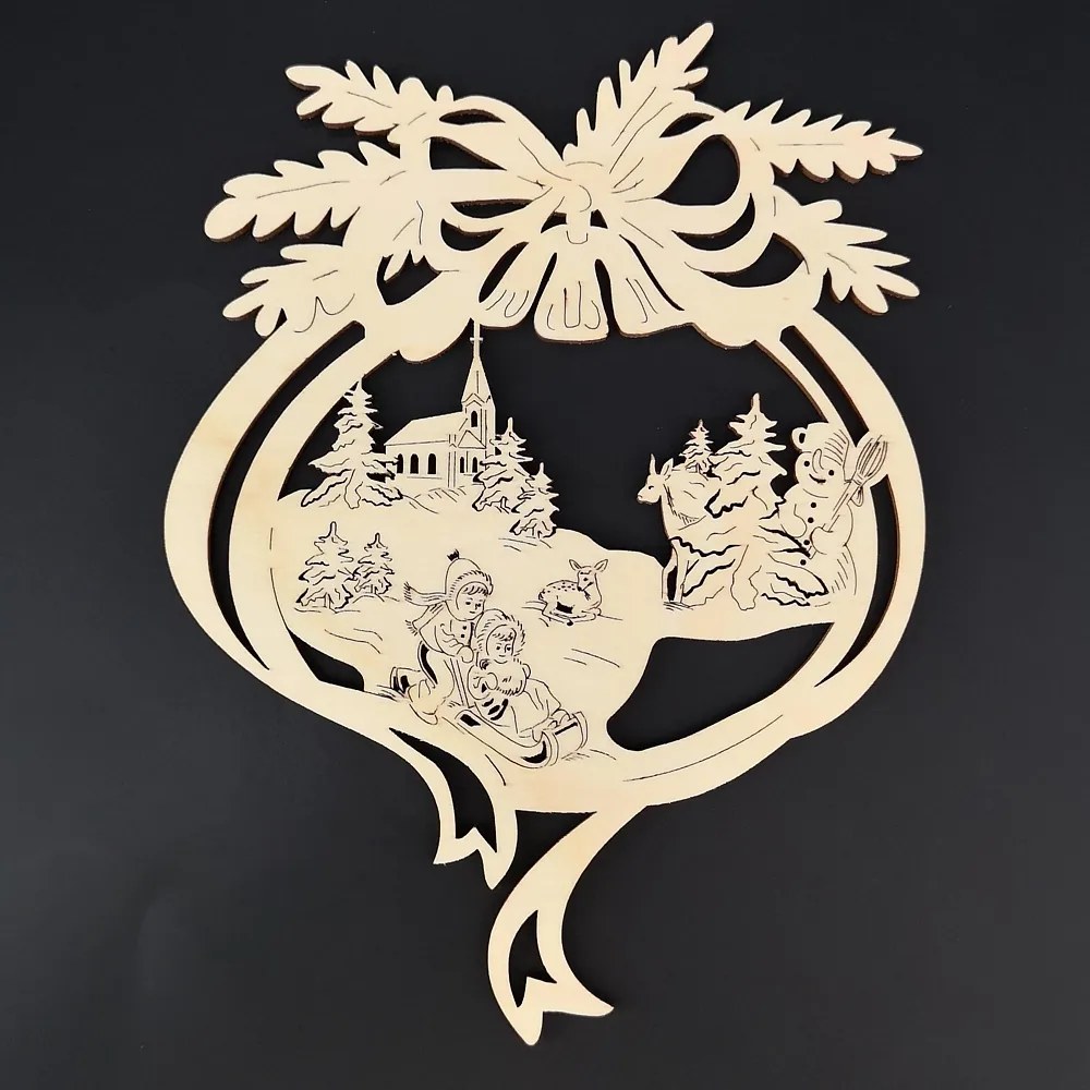 AMADEA Drevená ozdoba deti na saniach v mašli 20 cm