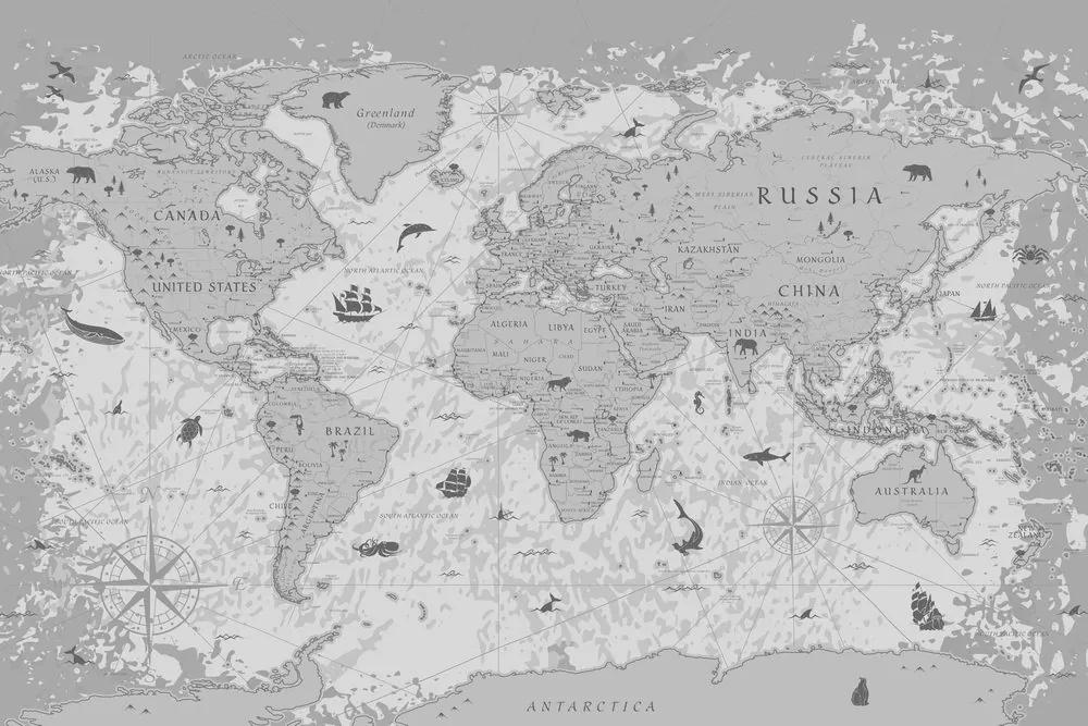 Obraz na korku mapa sveta s historickým nádychom v čiernobielom prevedení