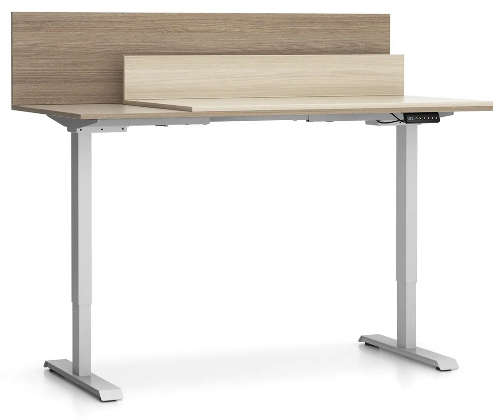 PLAN Kancelársky stôl SINGLE LAYERS, posuvná vrchná doska, s prepážkami, nastaviteľné nohy, dub prírodný/dub morený