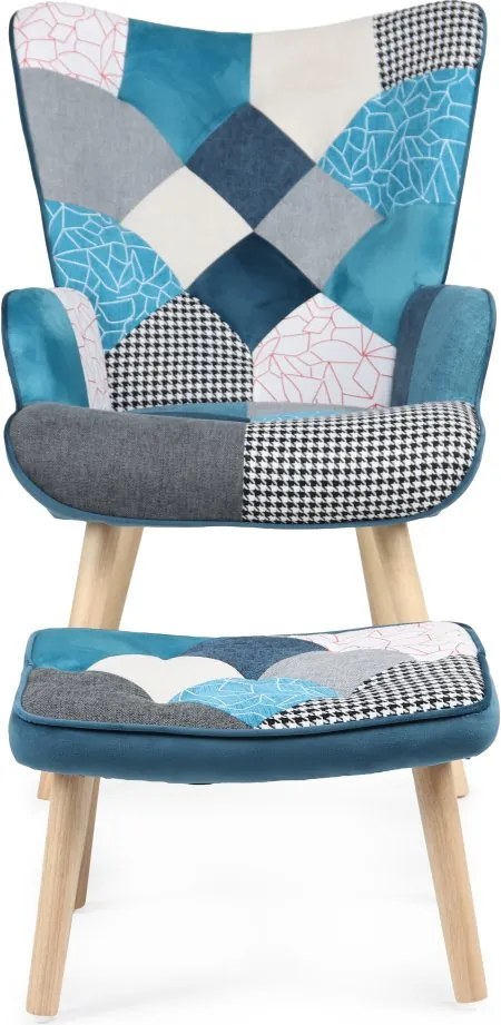 Relaxačné kreslo ušiak LISA + taburet — masív, látka, modrý patchwork