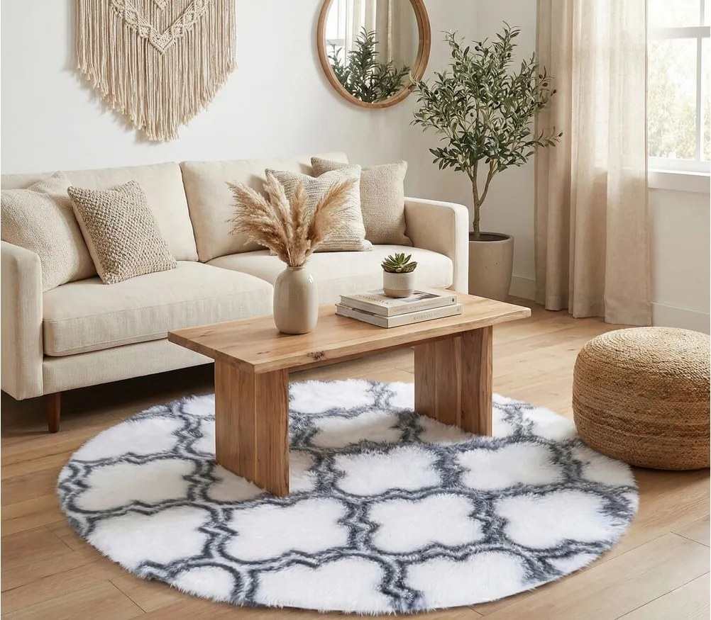 TZ Biely okrúhly vzorovaný koberec shaggy Decor Latern Rozmer: 140 cm