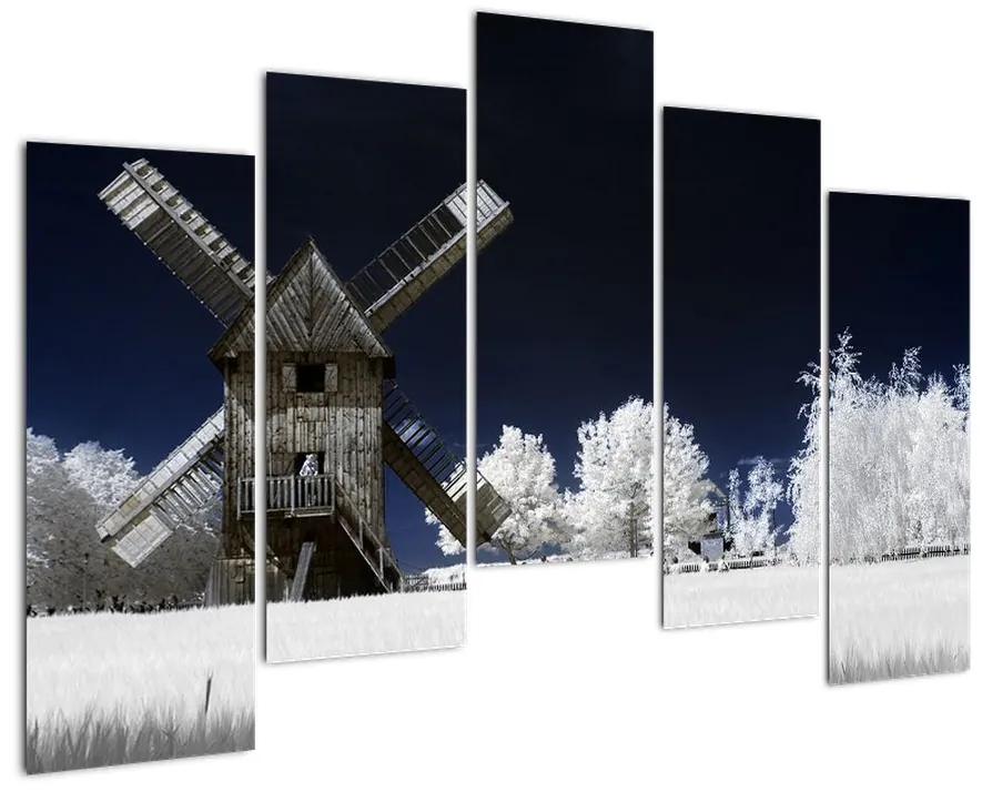 Veterný mlyn v zimnej krajine - obraz