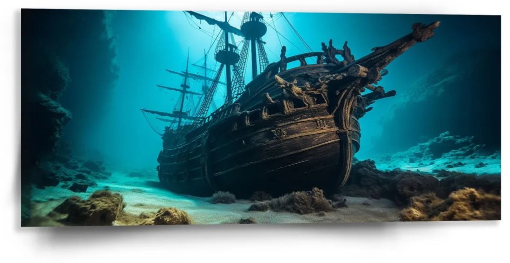 Sablio Obraz Vrak drevenej lode na dne mora - 110x50 cm