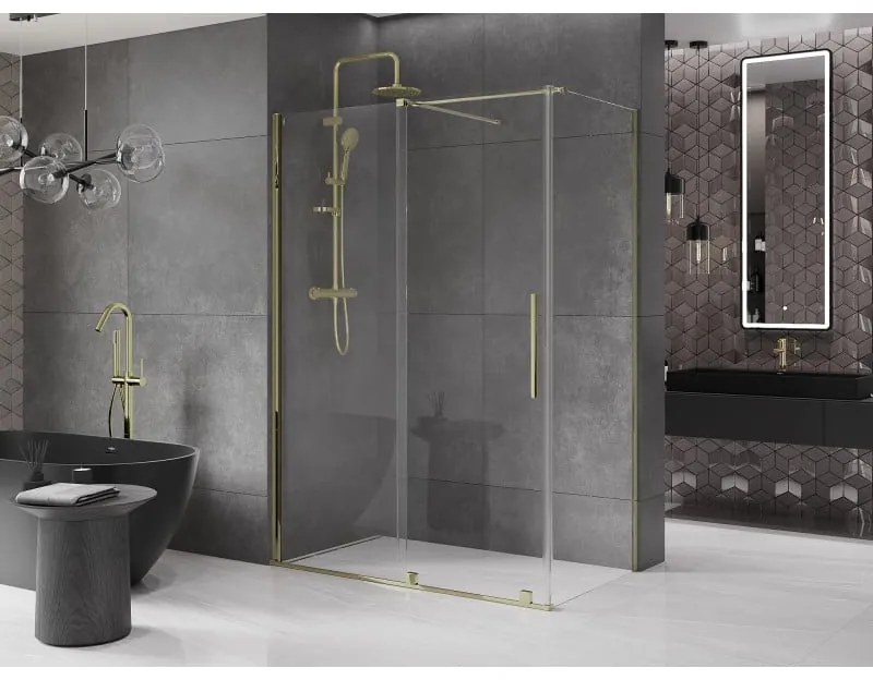 Mexen Velar, sprchový kút s posuvnými dverami 150(dvere) x 80(stena) cm, 8mm číre sklo, zlatá lesklá, 871-150-080-01-50