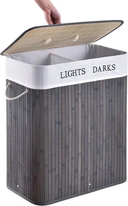 Bambusový košík na bielizeň 100 l, 2 priehradky, sivý