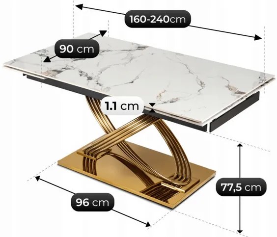 Rozkladací stôl RONNY 160–240 cm biely mramor / Zlatá