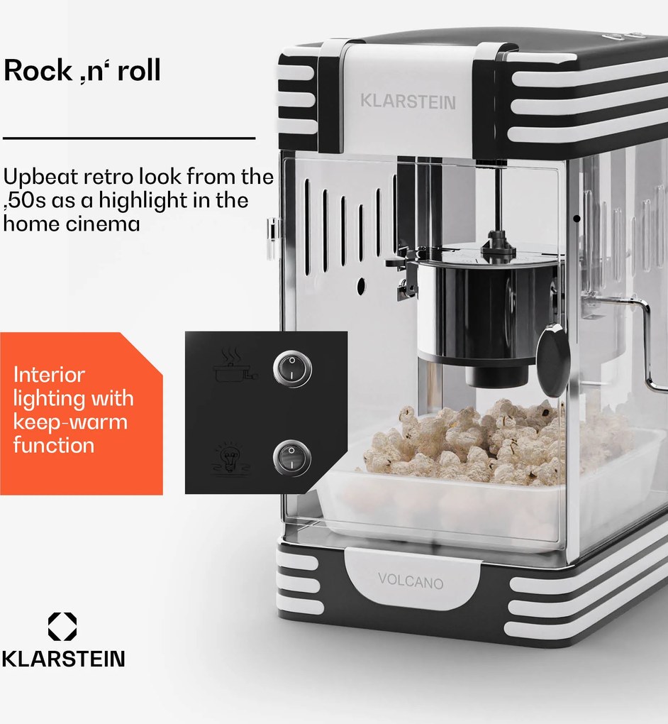 Klarstein Volcano, popkornovač, 300 W, 60 g/4 min, hrniec z nehrdzavejúcej ocele, retro dizajn