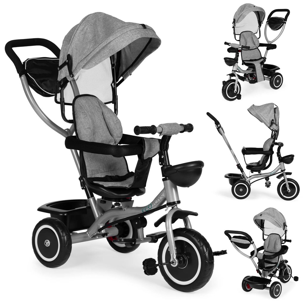 ECOTOYS Trojkolka 2v1 s otočným sedadlom + sklopná strieška - sivá