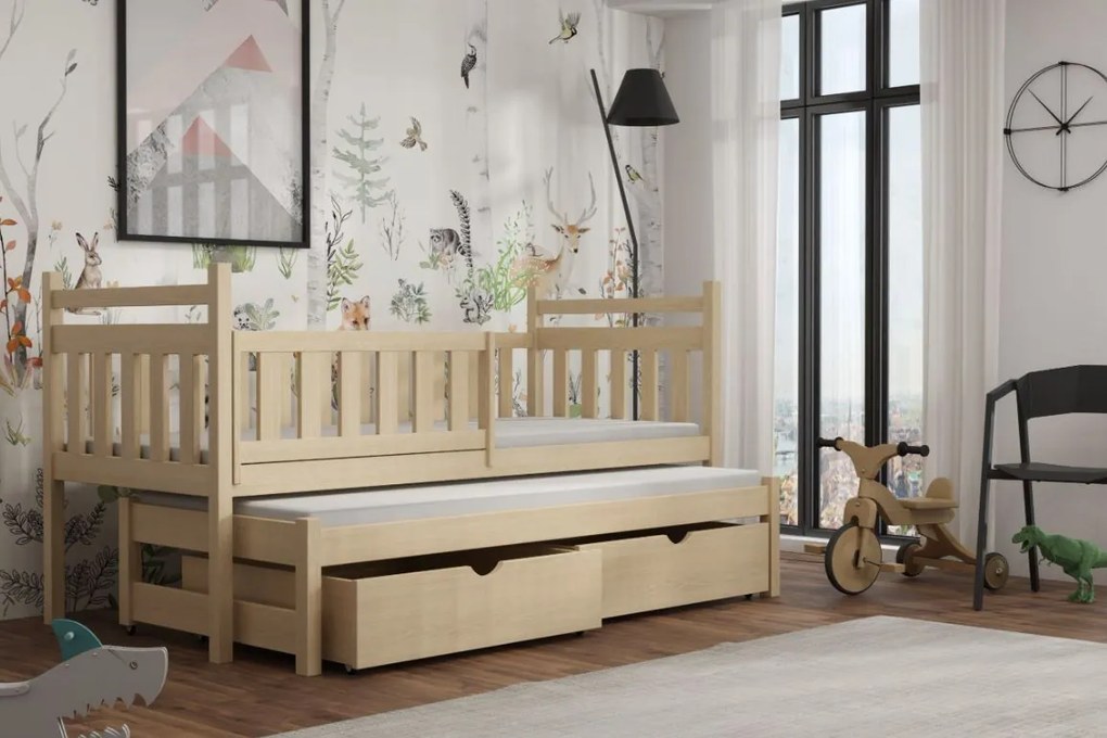 Detská posteľ z masívu borovice PROKOP s prístelkou a šuplíkmi - 200x90 cm - PRÍRODNÁ BOROVICA