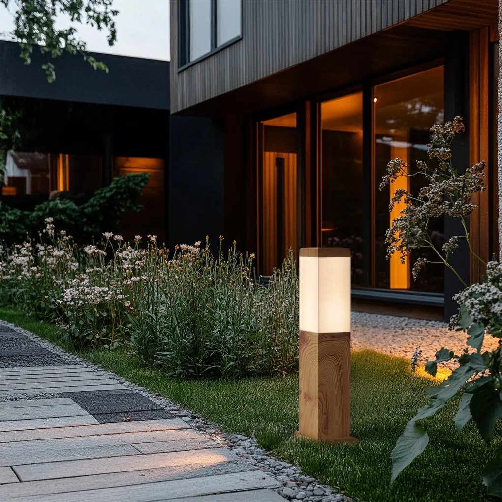 Moderná vonkajšia stojaca lampa oceľová s drevenou potlačou 45cm IP44 - Malois