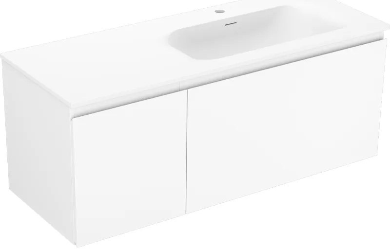 Mexen Orio, kúpeľňová skrinka 120 cm s pravým umývadlom Vela, 1S, 1D, biela matná, 91A13-12047-3-BBFF01-W23P01