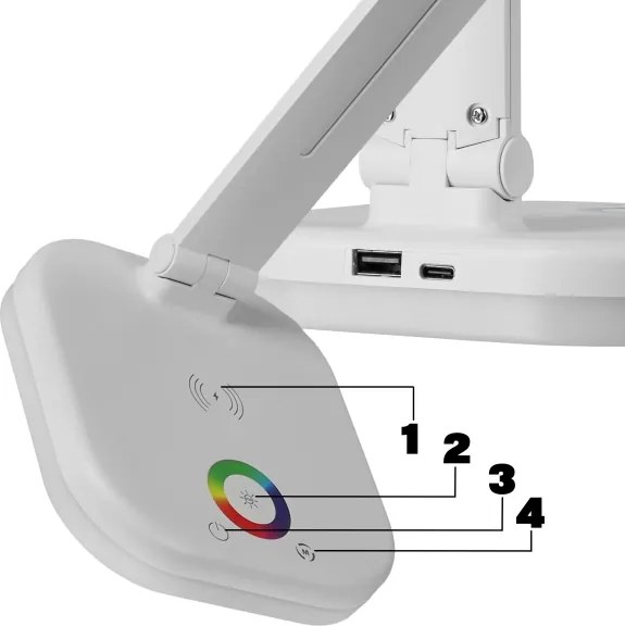 Stmievateľná stolná lampa LED RGBW s bezdrôtovým nabíjaním, 7W/5V USB, biela