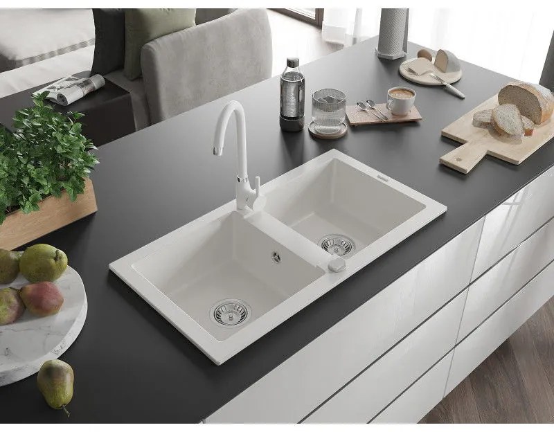 Mexen Mario, 2-komorový granitový drez 82x44 cm s kuchynskou batériou Telma, biela, 6504-20-670200-20