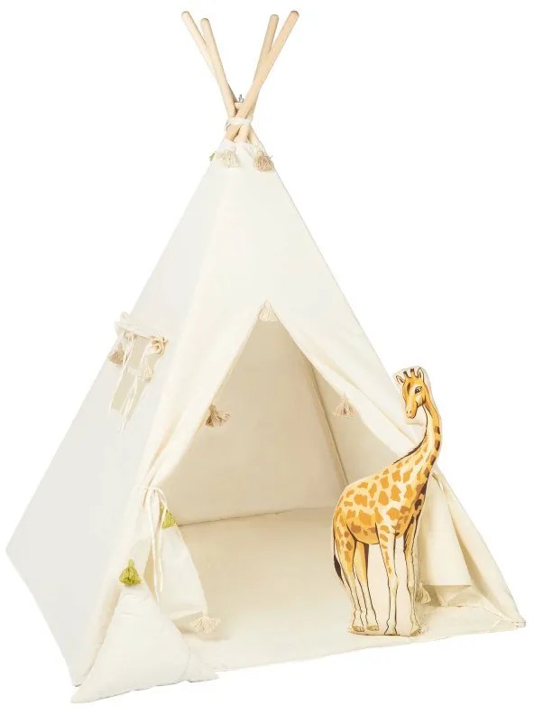 lovel.sk Detský teepee stan Krémový so strapcami + podložka, dekoračné vankúšiky žirafa