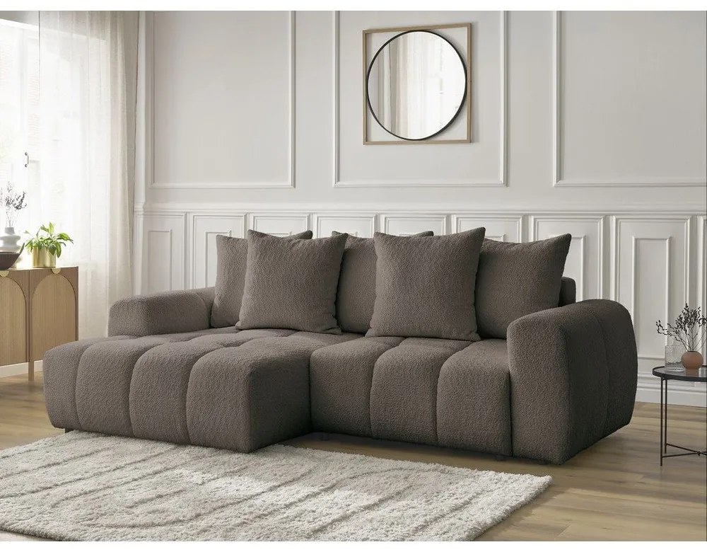 Hnedá rozkladacia/s úložným priestorom rohová pohovka z textílie buklé (ľavý roh/s leňoškou) Roxelane – Bobochic Paris