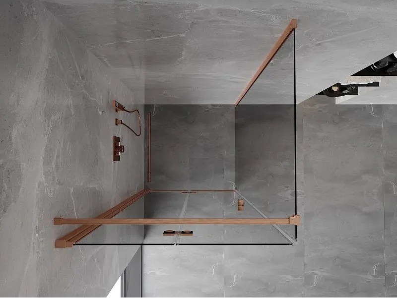 Mexen Mist-F T, 1-krídlový skladací sprchový kút ľavý 110 x 110 cm, číre sklo, medený matný profil, 8A6T-110-110-65-00-L