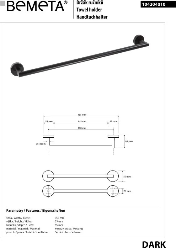 Bemeta Design DARK: Držiak uterákov, 300 mm - 104204010