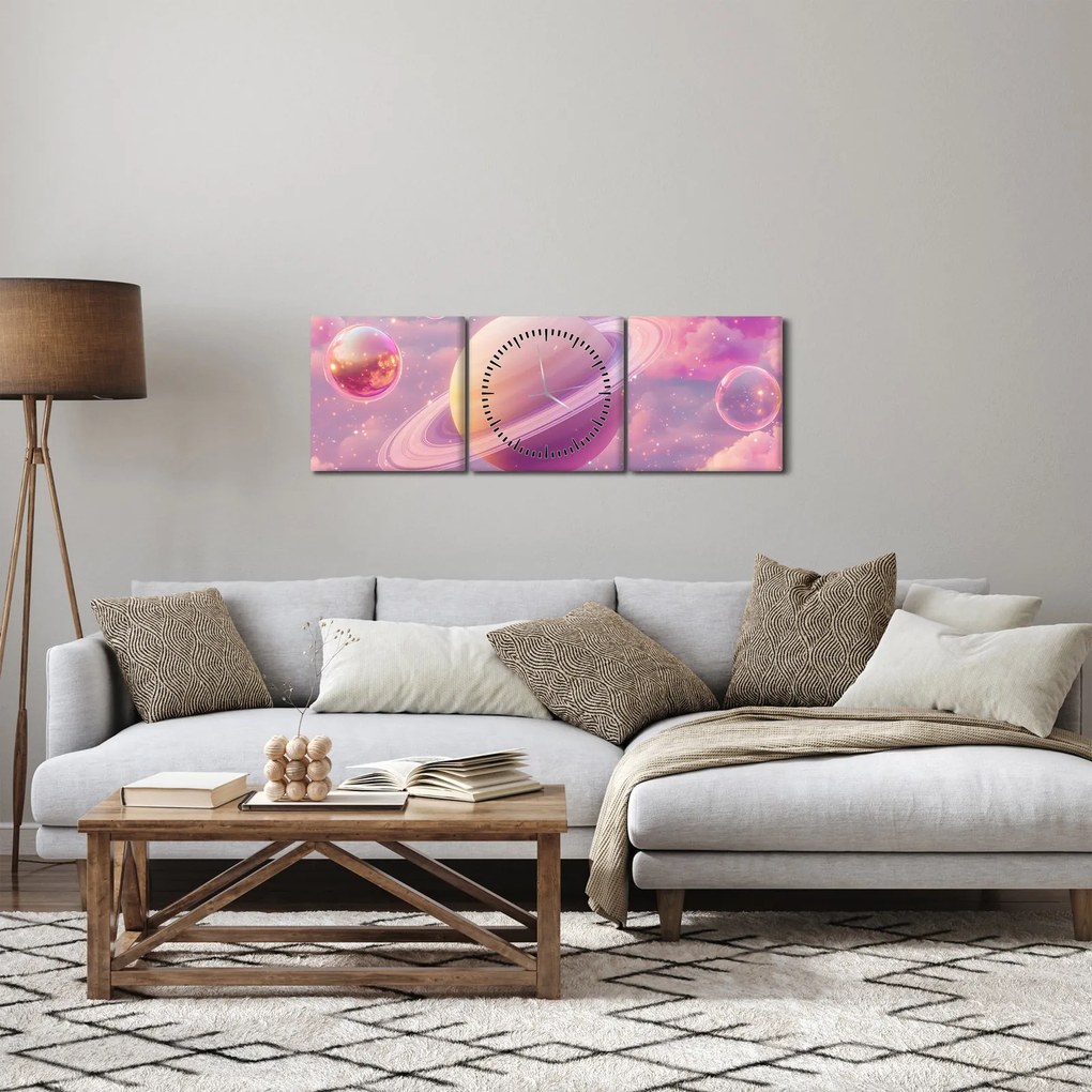Obraz - Ružová planéta (s hodinami) (90x30 cm)