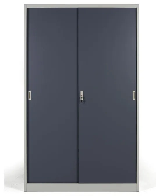 Kovová skriňa s posuvnými dverami, 4 police, 1200 x 1990 x 450 mm, tmavo sivá