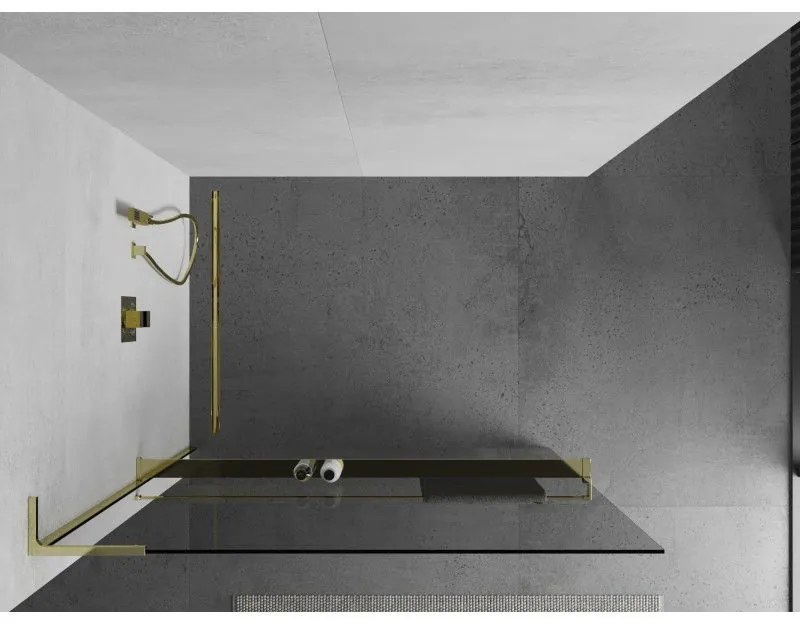 Mexen Kioto+ L, sprchová zástena Walk-In s poličkou a vešiakom 110 x 200 cm, 8mm číre sklo, zlatý lesklý profil,800-110-123-50-00