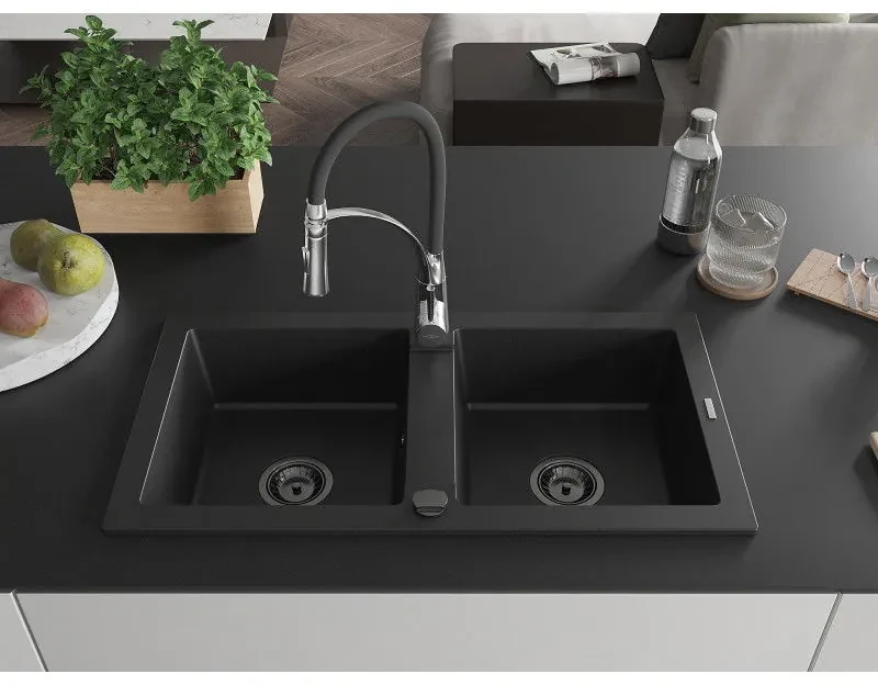 Mexen Mario, granitový drez 820x436x161 mm, 2-komorový a drezová batéria Aster, čierna, 6504-77-73450-07-B