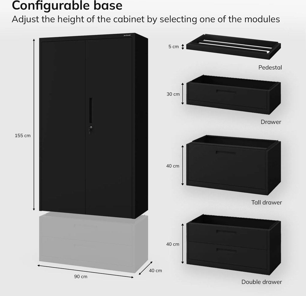 Modulárna kovová multifunkčná skriňa s vysokou zásuvkou čierna MEGAN 1950 x 900 x 400 mm