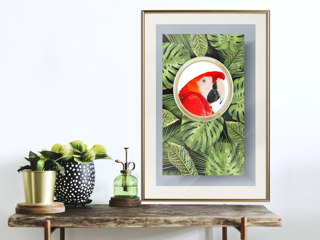 Artgeist Plagát - Parrot In The Jungle [Poster] Veľkosť: 20x30, Verzia: Čierny rám s passe-partout