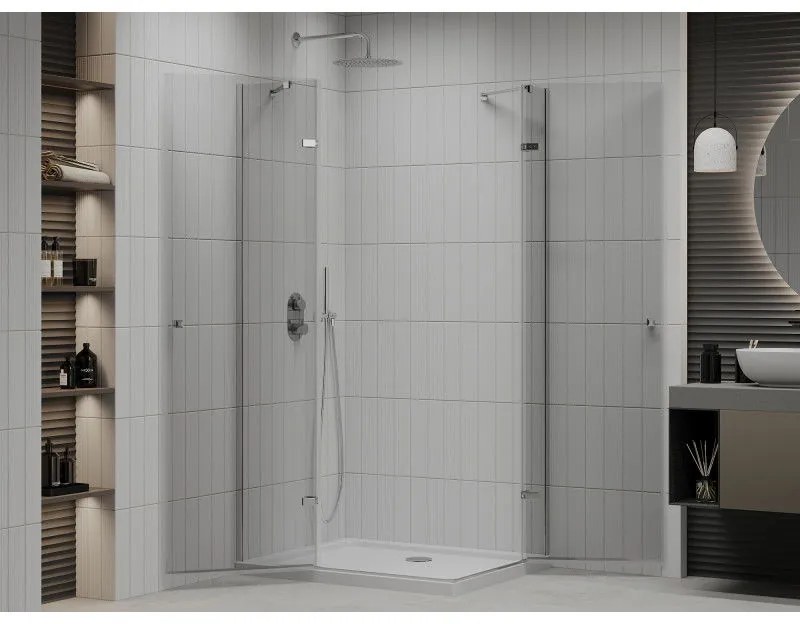 Mexen Roma Duo, sprchovací kút 90 (dvere) x 80 (dvere) cm, 6mm číre sklo, chrómový profil + slim sprchová vanička 5cm biela + chrómový sifón, 854-090-080-01-02-4010