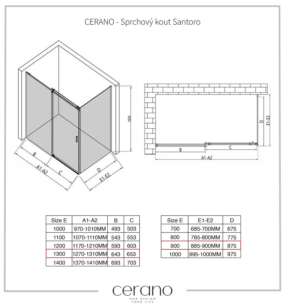Cerano Santoro, sprchovací kút s posuvnými dverami 130(dvere) x 90(stena) x 195 cm, 6mm šedé sklo, čierny profil, CER-CER-425479