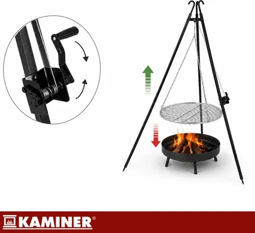 Záhradný gril Kaminer Tripod – trojnožka s nastaviteľným roštom 70 cm