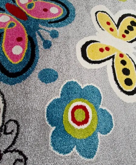 Detský koberec s motýľmi Kids 581 L.grey – sivý viacfarebný Rozmer: 250x350 cm
