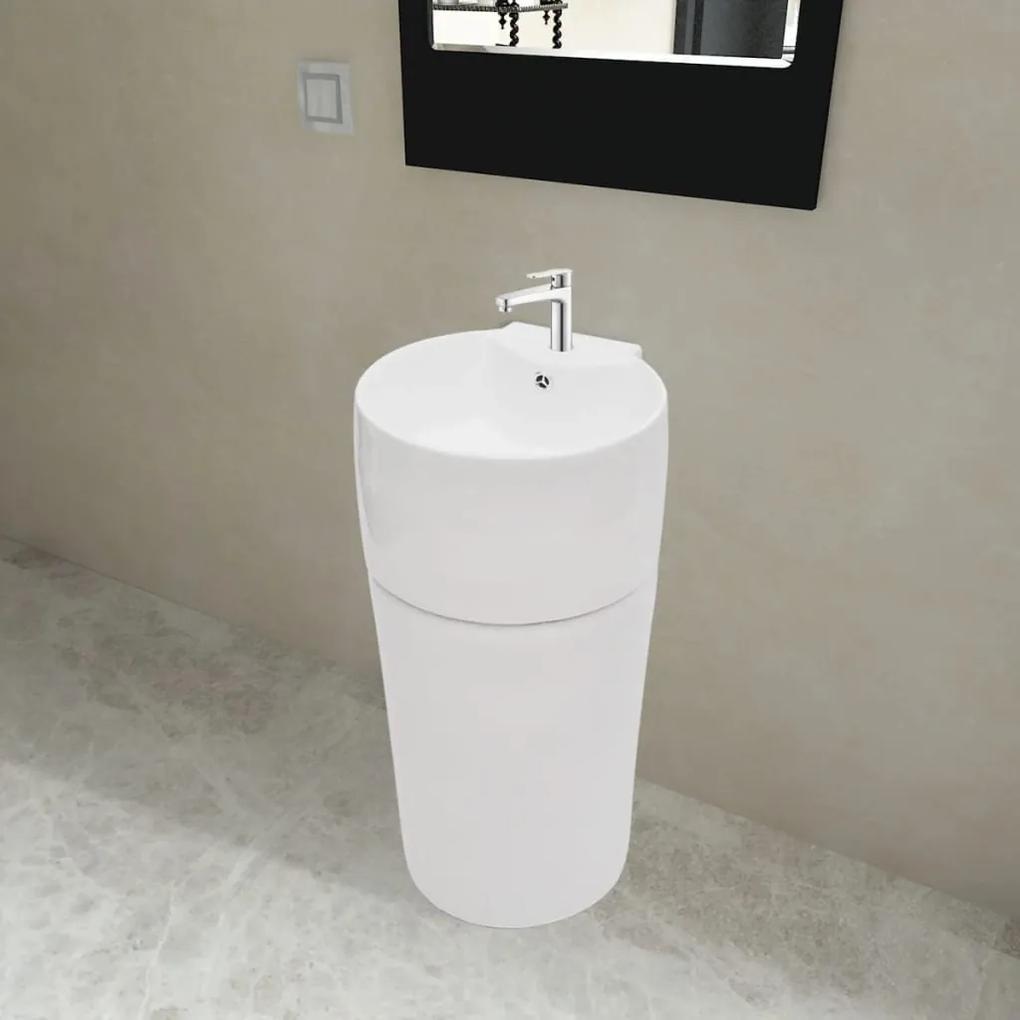 vidaXL Biele stojace okrúhle keramické umývadlo do kúpeľne s prepadom a otvorom na batériu