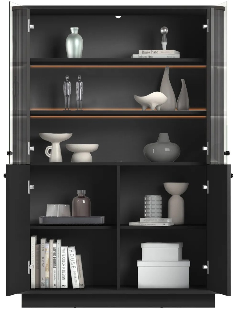 Vitrína Vesper 103 cm štvordverová na sokli - čierna / čierne úchytky