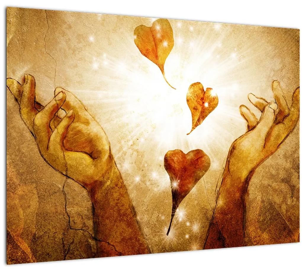 Sklenený obraz - Maľba rúk plných lásky (70x50 cm)