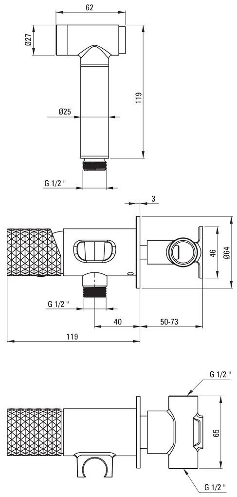 Deante Silia Hexa, podomietková bidetová batéria s bidetovou spŕškou, brúsená oceľ, DEA-BHS_F34M