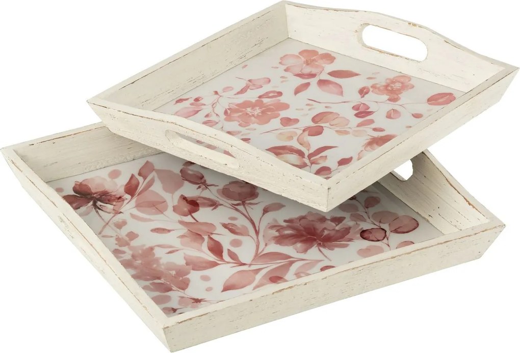 2ks drevený podnos s kvetinovým dekorom Tray Roses - 39*39*5/ 35*35*4 cm