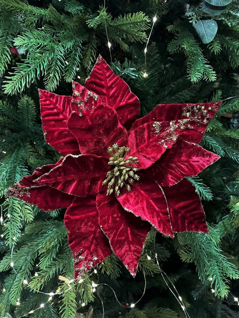 Červeno zlatá zamatová vianočná ruža 28cm